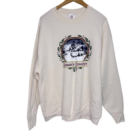 Delta Season’s Greetings Holly Snow Scene Long Sleeve Cream Sweatshirt Size XL - Picture 1 of 5